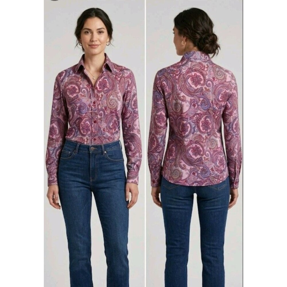Vintage Eccobay Blouse Size 9-10 Paisley Button Long Sleeve